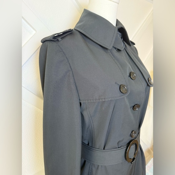 Per Se Black Ruffle Hem Trench Coat Dress Belted Double Breasted Size 6 - Picture 3 of 11